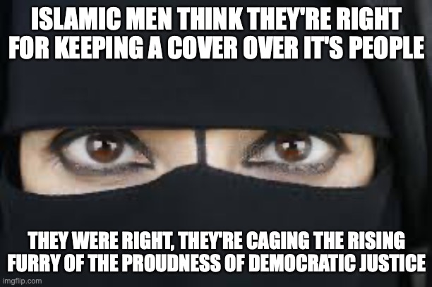 Empowerment meme | ISLAMIC MEN THINK THEY'RE RIGHT FOR KEEPING A COVER OVER IT'S PEOPLE; THEY WERE RIGHT, THEY'RE CAGING THE RISING FURRY OF THE PROUDNESS OF DEMOCRATIC JUSTICE | image tagged in politics | made w/ Imgflip meme maker