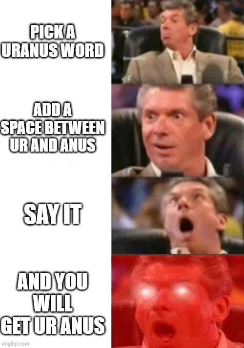 my first meme | PICK A URANUS WORD; ADD A SPACE BETWEEN UR AND ANUS; SAY IT; AND YOU WILL GET UR ANUS | image tagged in mr mcmahon reaction | made w/ Imgflip meme maker