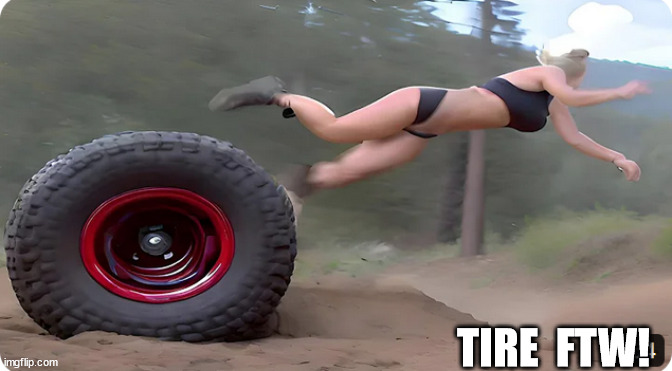 the TIRE WON HANDS DOWN! OR  BODY DOWN   ANYWAY! | TIRE  FTW! | image tagged in tire  wins,flew,crash,that sucks,uh oh | made w/ Imgflip meme maker