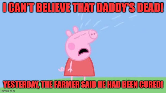 Words can have more than one meaning. | I CAN'T BELIEVE THAT DADDY'S DEAD! YESTERDAY, THE FARMER SAID HE HAD BEEN CURED! | image tagged in why does peppa pig | made w/ Imgflip meme maker