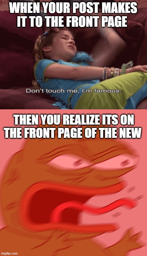 *visible frustration* | WHEN YOUR POST MAKES IT TO THE FRONT PAGE; THEN YOU REALIZE ITS ON THE FRONT PAGE OF THE NEW | image tagged in don't touch me i'm famous,rage pepe,funny,memes,rage,imgflip humor | made w/ Imgflip meme maker