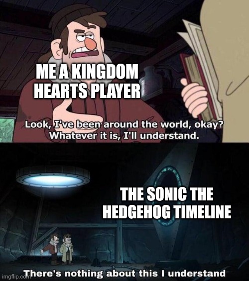 First trip into sonic lore | ME A KINGDOM HEARTS PLAYER; THE SONIC THE HEDGEHOG TIMELINE | image tagged in gravity falls understanding | made w/ Imgflip meme maker