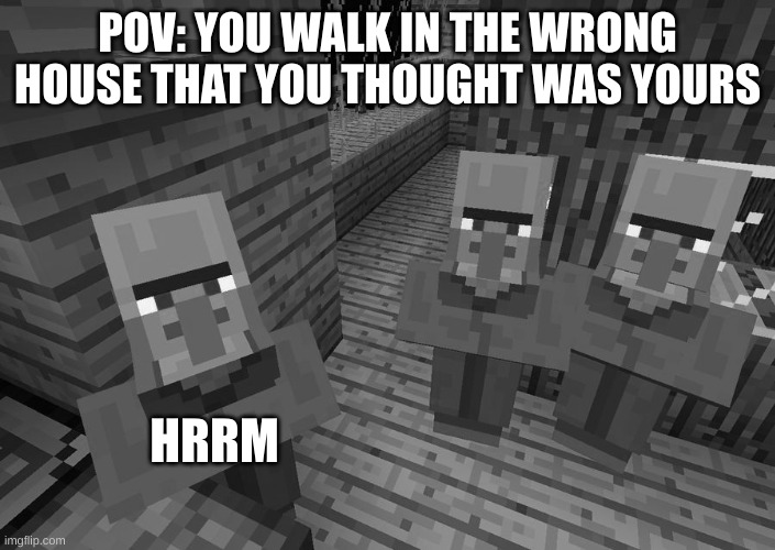 Minecraft Villagers | POV: YOU WALK IN THE WRONG HOUSE THAT YOU THOUGHT WAS YOURS; HRRM | image tagged in minecraft villagers | made w/ Imgflip meme maker