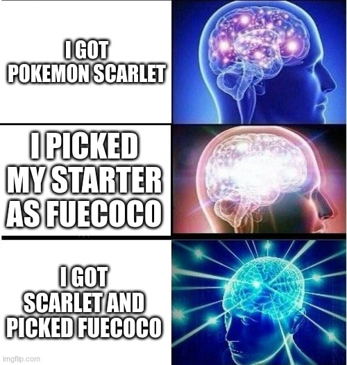 Not biased | I GOT POKEMON SCARLET; I PICKED MY STARTER AS FUECOCO; I GOT SCARLET AND PICKED FUECOCO | image tagged in expanding brain 3 panels,pokemon memes,pokemon,expanding brain,funny pokemon | made w/ Imgflip meme maker