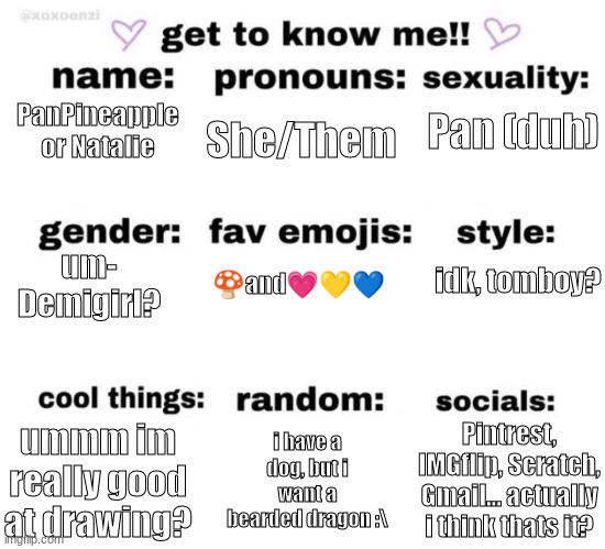 :3 | She/Them; Pan (duh); PanPineapple or Natalie; um- Demigirl? idk, tomboy? 🍄and💗💛💙; ummm im really good at drawing? i have a dog, but i want a bearded dragon :\; Pintrest, IMGflip, Scratch, Gmail... actually i think thats it? | image tagged in pansexual,pan,demigirl,pink,yellow,blue | made w/ Imgflip meme maker