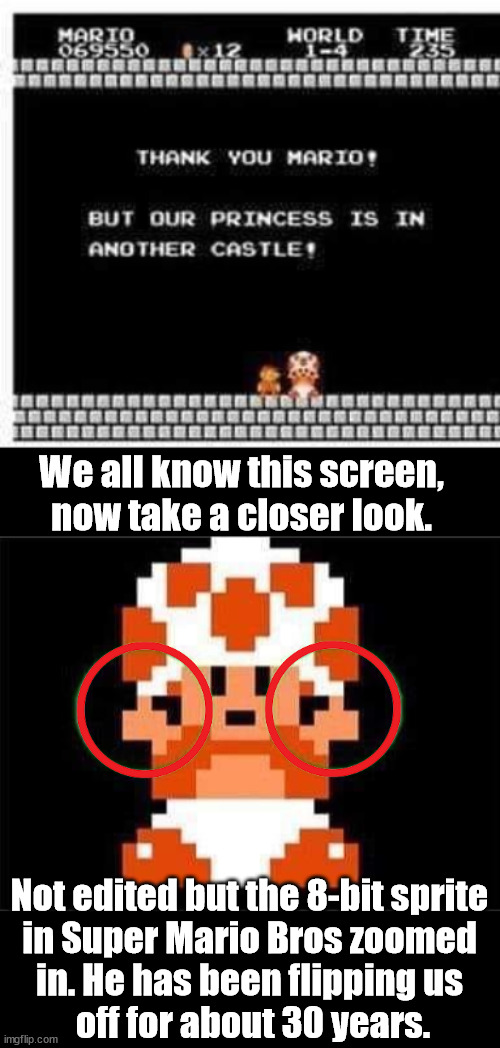 We all know this screen, now take a closer look. Not edited but the 8-bit sprite 
in Super Mario Bros zoomed 
in. He has been flipping us 
off for about 30 years. | image tagged in nintendo | made w/ Imgflip meme maker