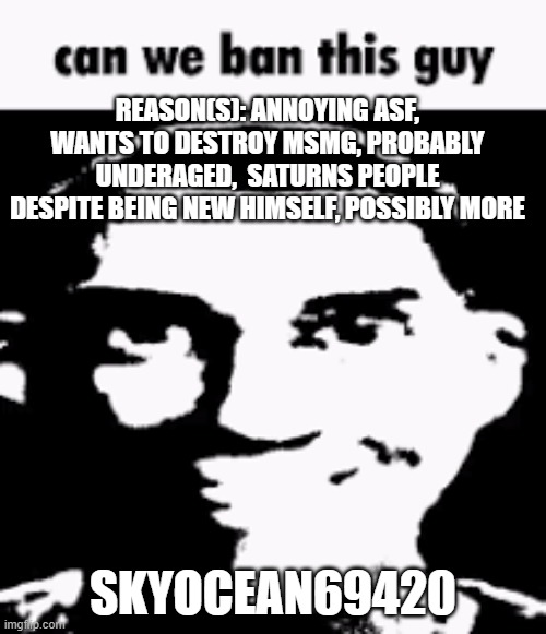 Can we ban this guy | REASON(S): ANNOYING ASF, WANTS TO DESTROY MSMG, PROBABLY UNDERAGED,  SATURNS PEOPLE DESPITE BEING NEW HIMSELF, POSSIBLY MORE; SKYOCEAN69420 | image tagged in can we ban this guy | made w/ Imgflip meme maker