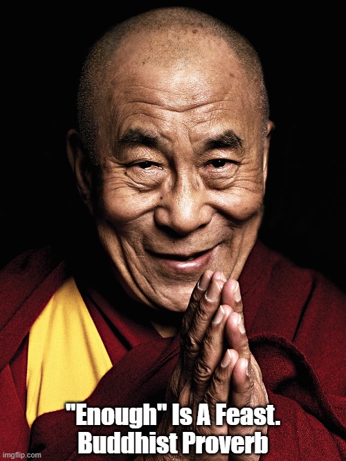 The Dalai Lama Would Like To Say Something To You | "Enough" Is A Feast.
Buddhist Proverb | image tagged in dalai lama,satisfaction,feast,there are only two choices more and enough | made w/ Imgflip meme maker