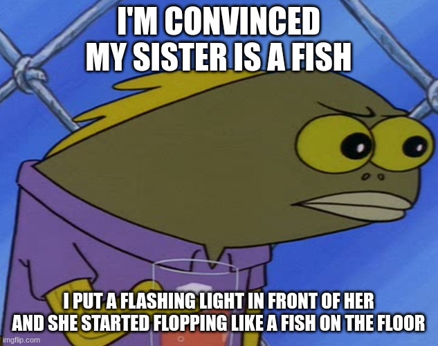 sponge bob | I'M CONVINCED MY SISTER IS A FISH; I PUT A FLASHING LIGHT IN FRONT OF HER AND SHE STARTED FLOPPING LIKE A FISH ON THE FLOOR | image tagged in spongebob suspicious fish,spongebob,seizure,fall,mr beast,stop reading the tags | made w/ Imgflip meme maker