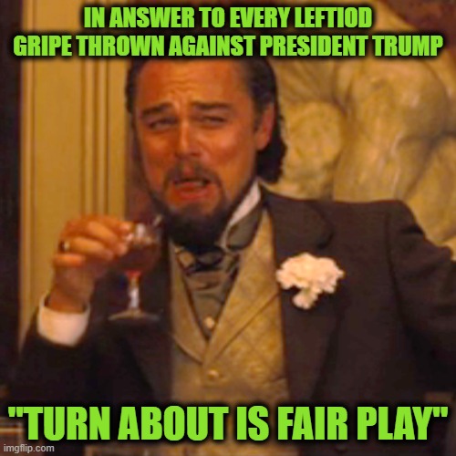 What's the Phrase I'm Looking for? | IN ANSWER TO EVERY LEFTIOD GRIPE THROWN AGAINST PRESIDENT TRUMP; "TURN ABOUT IS FAIR PLAY" | image tagged in memes,laughing leo | made w/ Imgflip meme maker