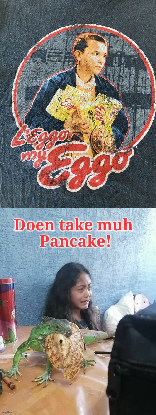 Don't waffle on this! | Doen take muh 
Pancake! | image tagged in pancakes | made w/ Imgflip meme maker