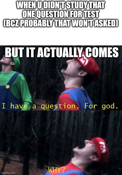 Useless title | WHEN U DIDN'T STUDY THAT ONE QUESTION FOR TEST (BCZ PROBABLY THAT WON'T ASKED); BUT IT ACTUALLY COMES | image tagged in i have a question for god why,funny,memes | made w/ Imgflip meme maker