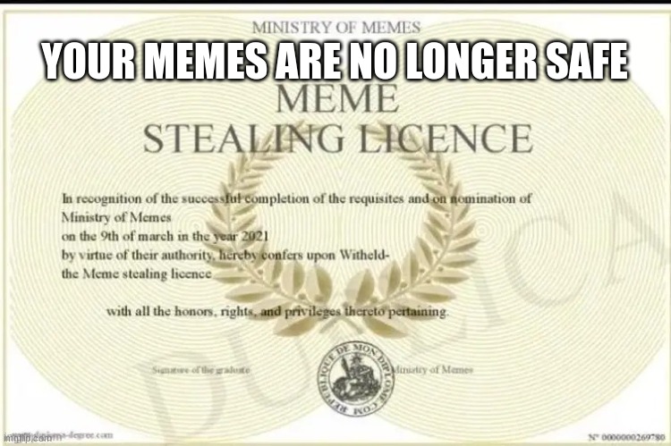 meme stealing license | YOUR MEMES ARE NO LONGER SAFE | image tagged in meme | made w/ Imgflip meme maker