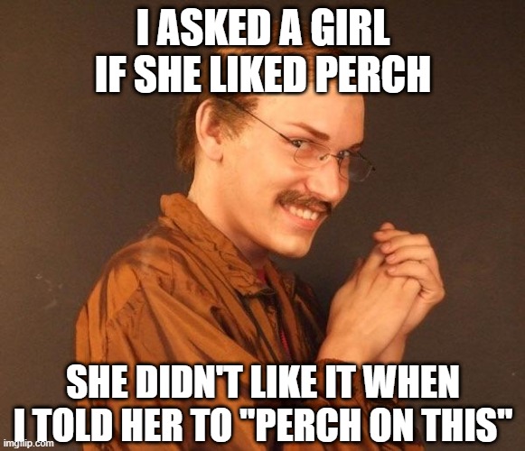 Perch | I ASKED A GIRL IF SHE LIKED PERCH; SHE DIDN'T LIKE IT WHEN I TOLD HER TO "PERCH ON THIS" | image tagged in creepy guy | made w/ Imgflip meme maker