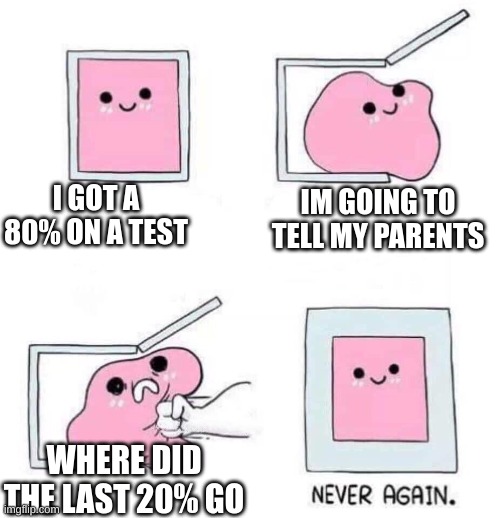 Never again | I GOT A 80% ON A TEST; IM GOING TO TELL MY PARENTS; WHERE DID THE LAST 20% GO | image tagged in never again | made w/ Imgflip meme maker