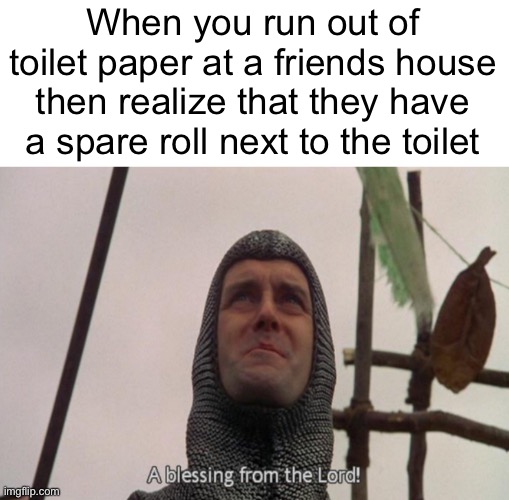 I have spare rolls next to me just in case | When you run out of toilet paper at a friends house then realize that they have a spare roll next to the toilet | image tagged in a blessing from the lord,fr | made w/ Imgflip meme maker
