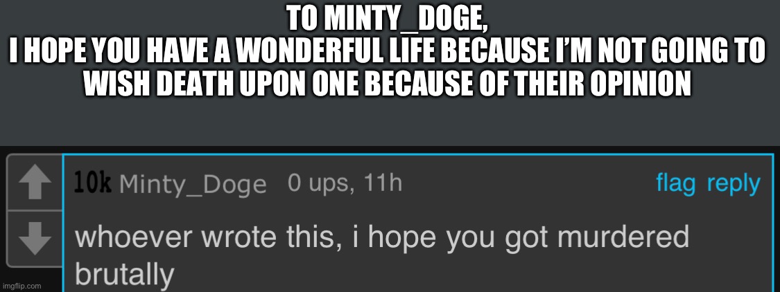I hope you have a wonderful day | TO MINTY_DOGE,
I HOPE YOU HAVE A WONDERFUL LIFE BECAUSE I’M NOT GOING TO WISH DEATH UPON ONE BECAUSE OF THEIR OPINION | made w/ Imgflip meme maker