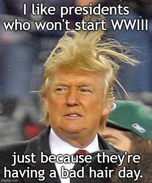 Bad hair day for Donny | I like presidents who won't start WWIII; just because they're having a bad hair day. | image tagged in donald trumph hair | made w/ Imgflip meme maker