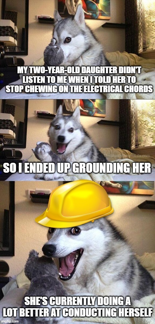 electrifyingly punny | image tagged in bad pun dog,electricity,funny,comedy,humor,jokes | made w/ Imgflip meme maker