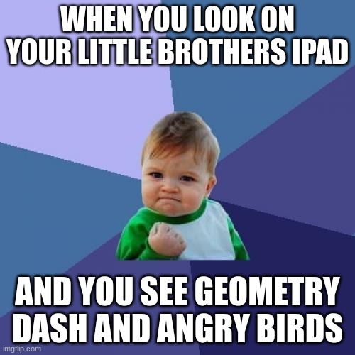 YES GOOD BOI | WHEN YOU LOOK ON YOUR LITTLE BROTHERS IPAD; AND YOU SEE GEOMETRY DASH AND ANGRY BIRDS | image tagged in memes,success kid | made w/ Imgflip meme maker