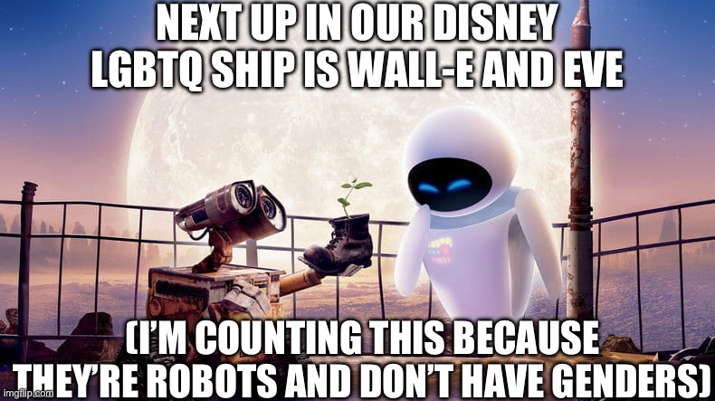 Sorry about the last one. Didn’t mean it in a creepy way, it was the only cute picture I could find of them together | NEXT UP IN OUR DISNEY LGBTQ SHIP IS WALL-E AND EVE; (I’M COUNTING THIS BECAUSE THEY’RE ROBOTS AND DON’T HAVE GENDERS) | image tagged in disney gay ships,disney,wall-e | made w/ Imgflip meme maker