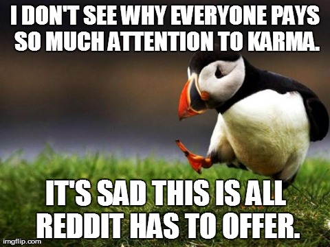 Unpopular Opinion Puffin | I DON'T SEE WHY EVERYONE PAYS SO MUCH ATTENTION TO KARMA. IT'S SAD THIS IS ALL REDDIT HAS TO OFFER. | image tagged in memes,unpopular opinion puffin,AdviceAnimals | made w/ Imgflip meme maker