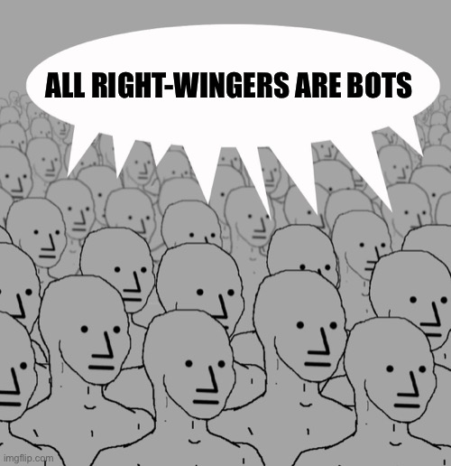 npc-crowd | ALL RIGHT-WINGERS ARE BOTS | image tagged in npc-crowd | made w/ Imgflip meme maker