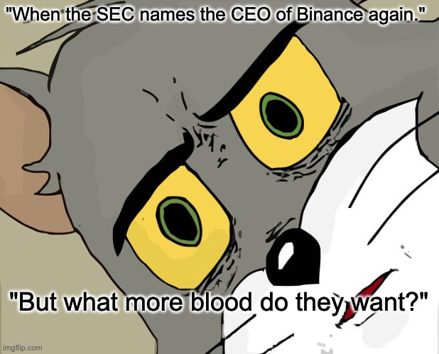 Unsettled Tom | "When the SEC names the CEO of Binance again."; "But what more blood do they want?" | image tagged in memes,unsettled tom | made w/ Imgflip meme maker