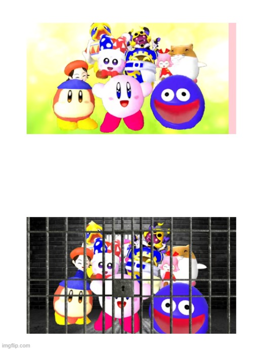 kirby and the gang go to jail for something idk | image tagged in memes,template,shockhat734 | made w/ Imgflip meme maker