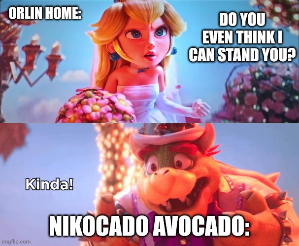Kinda! | ORLIN HOME:; DO YOU EVEN THINK I CAN STAND YOU? NIKOCADO AVOCADO: | image tagged in kinda | made w/ Imgflip meme maker