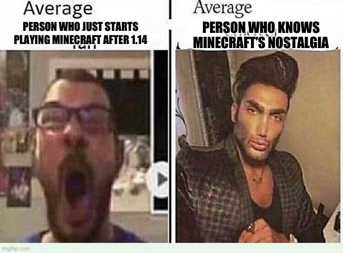 Nostalgia is the best thing of Minecraft | PERSON WHO KNOWS MINECRAFT’S NOSTALGIA; PERSON WHO JUST STARTS PLAYING MINECRAFT AFTER 1.14 | image tagged in average blank fan vs average blank enjoyer | made w/ Imgflip meme maker