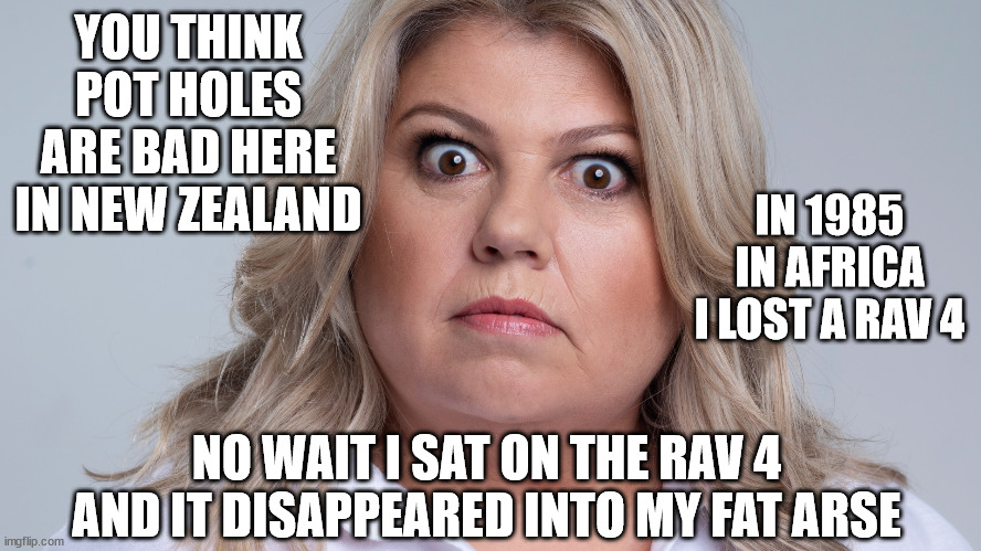 urzila carson | YOU THINK POT HOLES ARE BAD HERE IN NEW ZEALAND; IN 1985 IN AFRICA I LOST A RAV 4; NO WAIT I SAT ON THE RAV 4 AND IT DISAPPEARED INTO MY FAT ARSE | image tagged in unfunny,fugly,fat,overrated | made w/ Imgflip meme maker