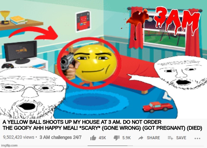 POV: All 3 A.M. Youtubers | A YELLOW BALL SHOOTS UP MY HOUSE AT 3 AM. DO NOT ORDER THE GOOFY AHH HAPPY MEAL! *SCARY* (GONE WRONG) (GOT PREGNANT) (DIED); 3 AM challenges 24/7 | image tagged in 3 am,clickbait | made w/ Imgflip meme maker