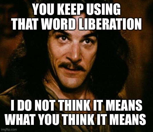 Inigo Montoya Meme | YOU KEEP USING THAT WORD LIBERATION I DO NOT THINK IT MEANS WHAT YOU THINK IT MEANS | image tagged in memes,inigo montoya | made w/ Imgflip meme maker