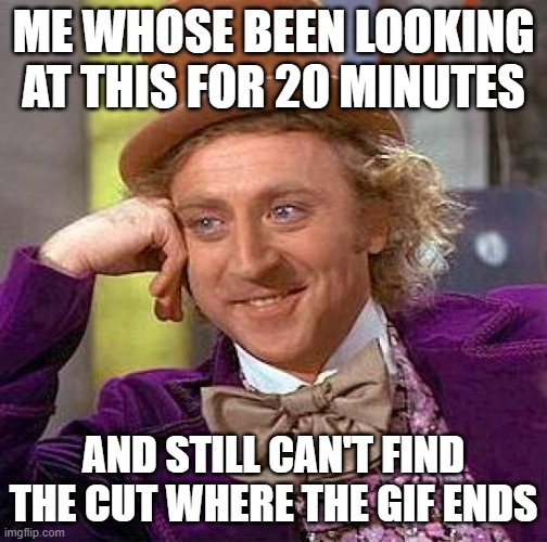 Creepy Condescending Wonka Meme | ME WHOSE BEEN LOOKING AT THIS FOR 20 MINUTES AND STILL CAN'T FIND THE CUT WHERE THE GIF ENDS | image tagged in memes,creepy condescending wonka | made w/ Imgflip meme maker