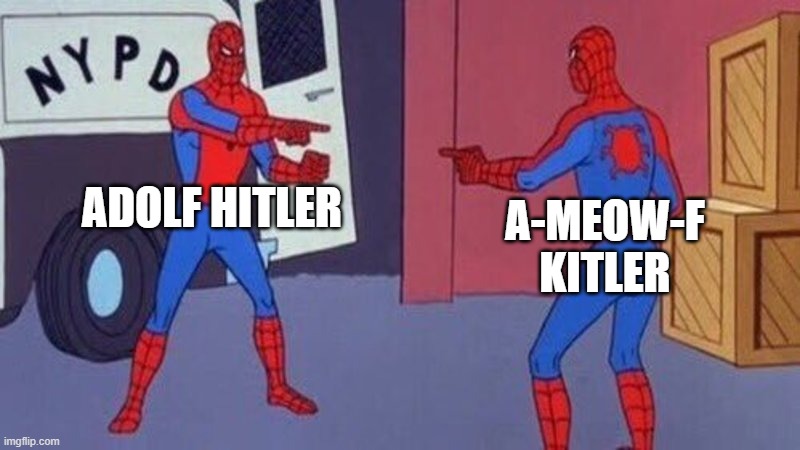 spiderman pointing at spiderman | ADOLF HITLER A-MEOW-F KITLER | image tagged in spiderman pointing at spiderman | made w/ Imgflip meme maker