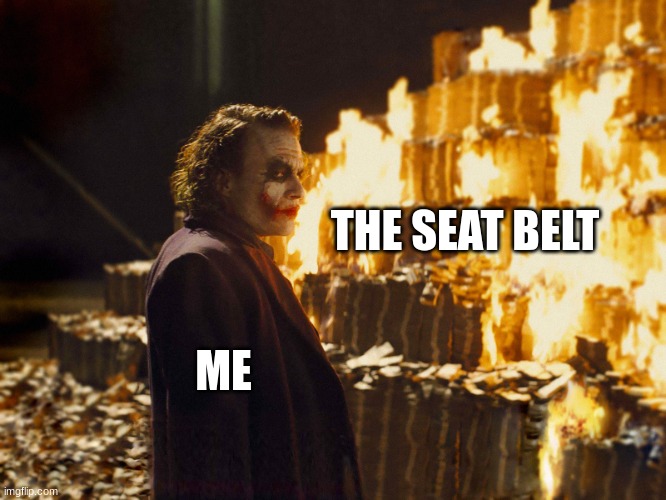 THE SEAT BELT ME | image tagged in joker burning money | made w/ Imgflip meme maker