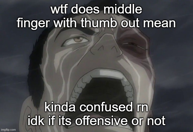 Zuko | wtf does middle finger with thumb out mean; kinda confused rn idk if its offensive or not | image tagged in zuko | made w/ Imgflip meme maker