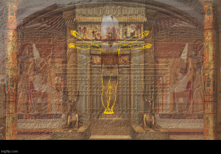 The Dream Stele, The Weighing of the Soul, Sneferu and Leonardo Da Vinci's Vitruvian Man combined. | image tagged in the great sphinx,dream stele,weighing of the soul,sneferu,vitruvian man,egypt | made w/ Imgflip meme maker