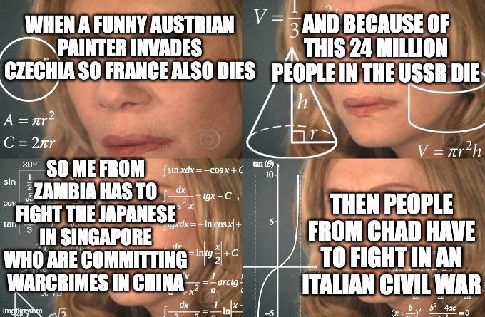 WW2 in a nutshell | AND BECAUSE OF THIS 24 MILLION PEOPLE IN THE USSR DIE; WHEN A FUNNY AUSTRIAN PAINTER INVADES CZECHIA SO FRANCE ALSO DIES; SO ME FROM ZAMBIA HAS TO FIGHT THE JAPANESE IN SINGAPORE WHO ARE COMMITTING WARCRIMES IN CHINA; THEN PEOPLE FROM CHAD HAVE TO FIGHT IN AN ITALIAN CIVIL WAR | image tagged in calculating meme,ww2,mindblown,world war ii,ive committed various war crimes,in a nutshell | made w/ Imgflip meme maker