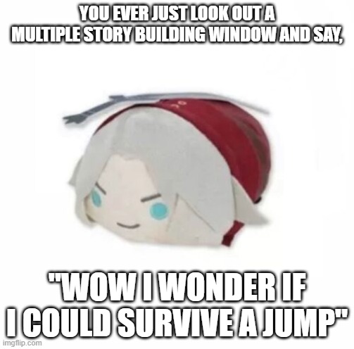 Dante plush | YOU EVER JUST LOOK OUT A MULTIPLE STORY BUILDING WINDOW AND SAY, "WOW I WONDER IF I COULD SURVIVE A JUMP" | image tagged in dante plush | made w/ Imgflip meme maker