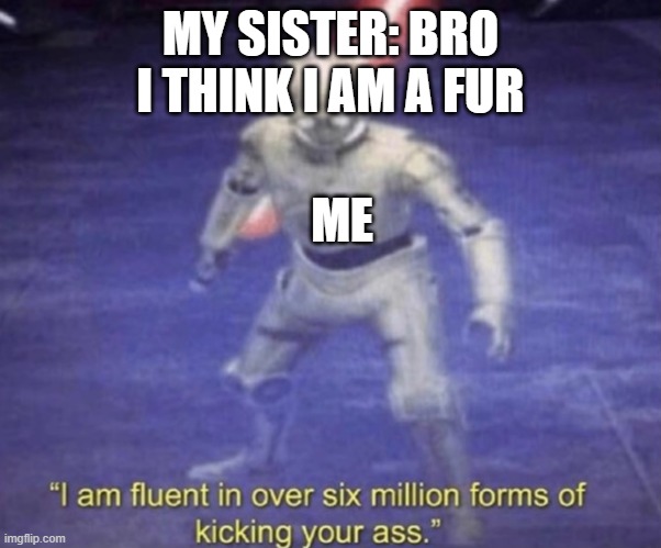 I am fluent in over six million forms of kicking your ass | MY SISTER: BRO I THINK I AM A FUR; ME | image tagged in i am fluent in over six million forms of kicking your ass | made w/ Imgflip meme maker