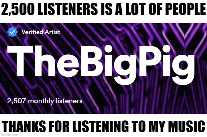 Last year I had barely 300 | 2,500 LISTENERS IS A LOT OF PEOPLE; THANKS FOR LISTENING TO MY MUSIC | made w/ Imgflip meme maker