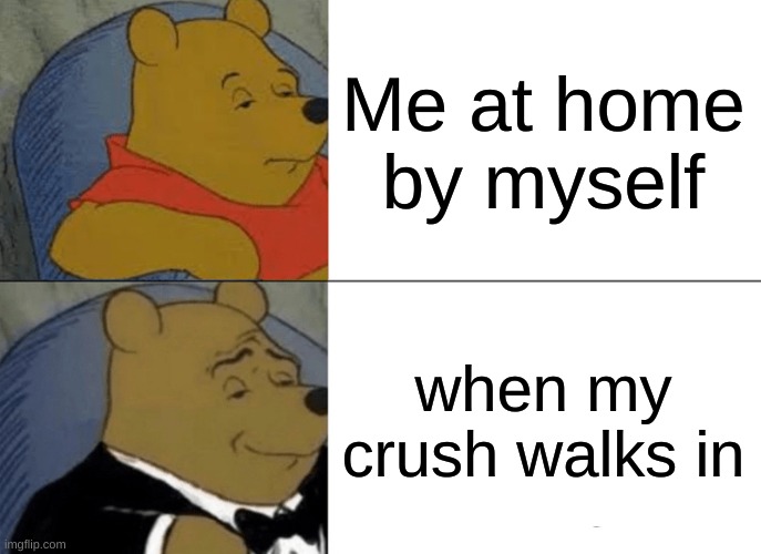 Tuxedo Winnie The Pooh | Me at home by myself; when my crush walks in | image tagged in memes,tuxedo winnie the pooh | made w/ Imgflip meme maker