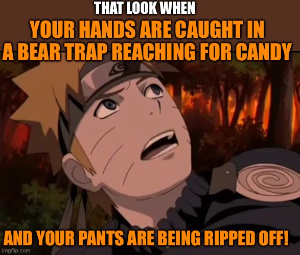 Naruto looking clueless | THAT LOOK WHEN; YOUR HANDS ARE CAUGHT IN A BEAR TRAP REACHING FOR CANDY; AND YOUR PANTS ARE BEING RIPPED OFF! | image tagged in naruto looking clueless | made w/ Imgflip meme maker