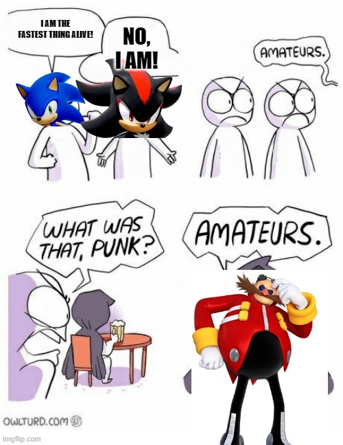 seriously | I AM THE FASTEST THING ALIVE! NO, I AM! | image tagged in amateurs,sonic the hedgehog | made w/ Imgflip meme maker