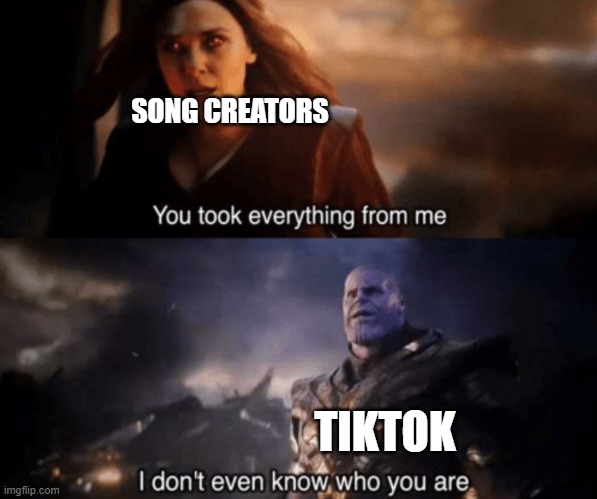 somebody ought to tell tiktok these songs are copyrighted | SONG CREATORS; TIKTOK | image tagged in you took everything from me - i don't even know who you are | made w/ Imgflip meme maker