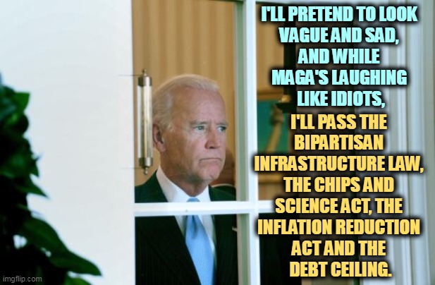 Biden window | I'LL PRETEND TO LOOK 
VAGUE AND SAD, 
AND WHILE 
MAGA'S LAUGHING 
LIKE IDIOTS, I'LL PASS THE 
BIPARTISAN 
INFRASTRUCTURE LAW, 
THE CHIPS AND 
SCIENCE ACT, THE 
INFLATION REDUCTION 
ACT AND THE 
DEBT CEILING. | image tagged in biden window,biden,old,pass,laws,maga | made w/ Imgflip meme maker