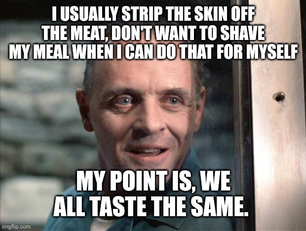 Hannibal Lecter | I USUALLY STRIP THE SKIN OFF THE MEAT, DON'T WANT TO SHAVE MY MEAL WHEN I CAN DO THAT FOR MYSELF MY POINT IS, WE ALL TASTE THE SAME. | image tagged in hannibal lecter | made w/ Imgflip meme maker