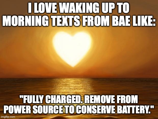 Relationship *Goals* ❤️❤️❤️ | I LOVE WAKING UP TO MORNING TEXTS FROM BAE LIKE:; "FULLY CHARGED. REMOVE FROM POWER SOURCE TO CONSERVE BATTERY." | image tagged in love | made w/ Imgflip meme maker
